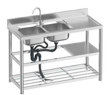 Freestanding Stainless Steel Bench with Double Sink - 120 x 50 x 80 cm